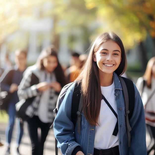 Foto menina vai para a escola na rua outono com seus colegas