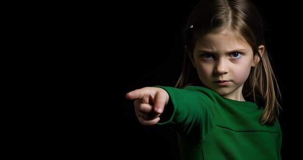 Foto menina vestida com pontos verdes com o dedo