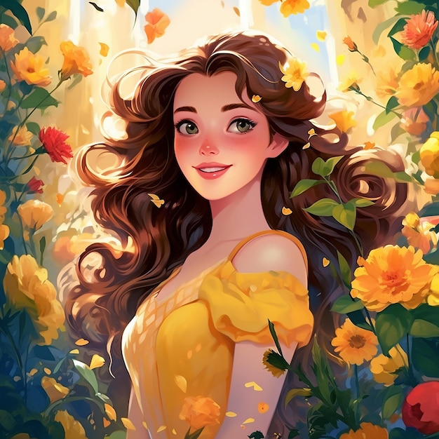 Menina vestida com vestido amarelo muitas flores amarelas