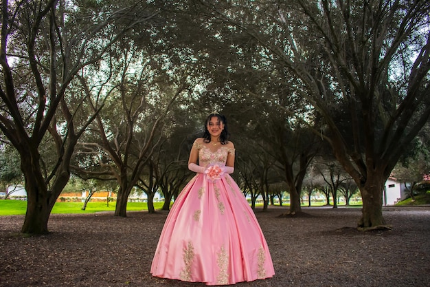 Menina vestida de princesa com um lindo vestido rosa tem árvores frondosas ao fundo