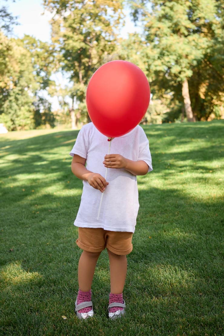 Foto menina vestindo uma camiseta casual branca de pé e escondendo o rosto com um balão inflável vermelho brincando e se divertindo em um prado gramado ao ar livre em um dia quente de verão