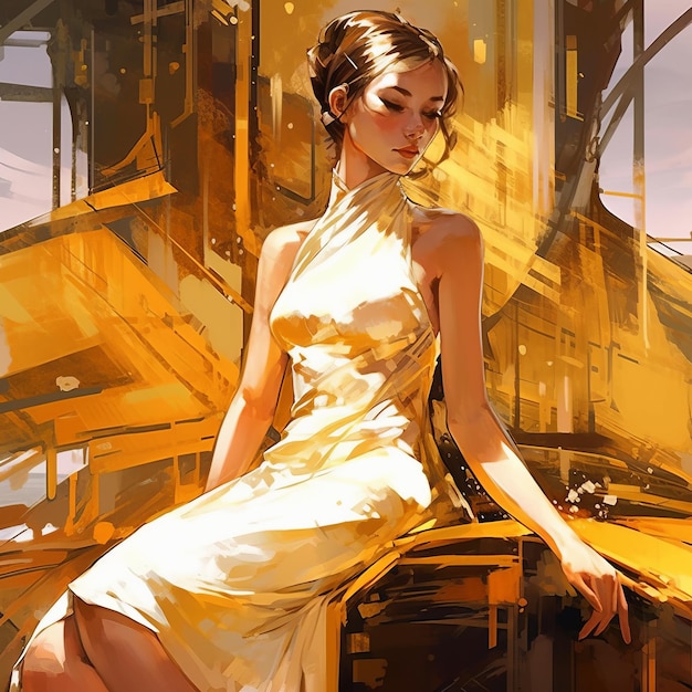 menina vestindo vestido dourado e branco bela pintura