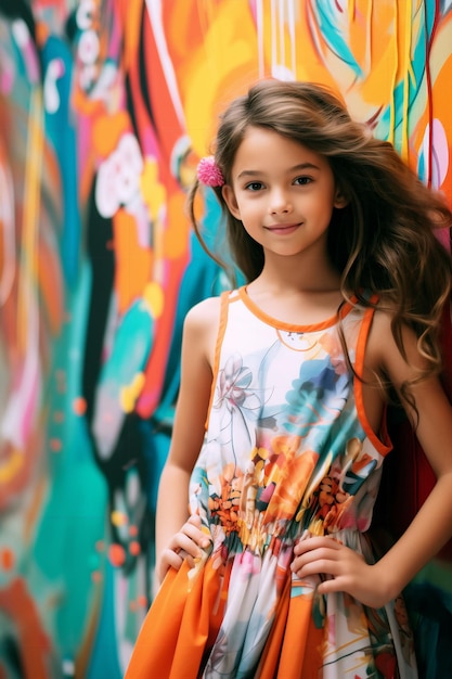 Menina vibrante em um fundo colorido da parede do graffiti