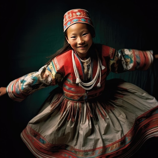 Menina yakut dançando dança nacional em roupas yakut