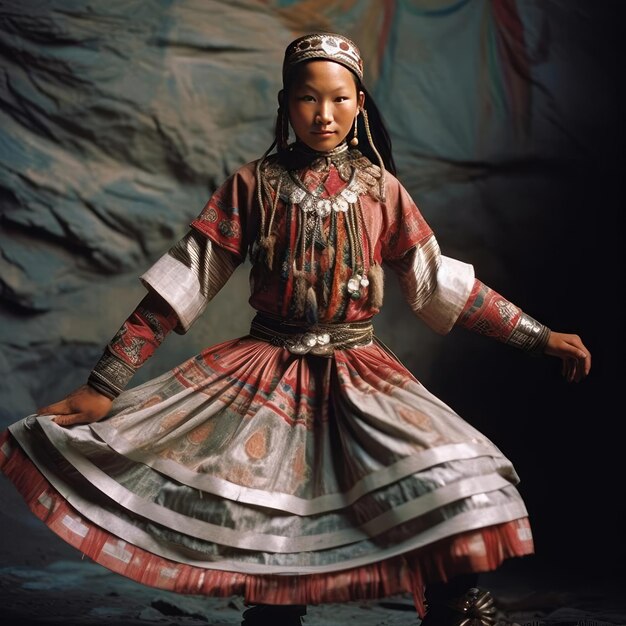 Menina yakut dançando dança nacional em roupas yakut