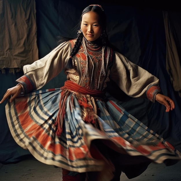 Menina yakut dançando dança nacional em roupas yakut