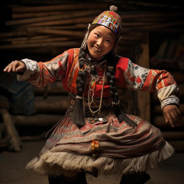 Menina yakut dançando dança nacional em roupas yakut