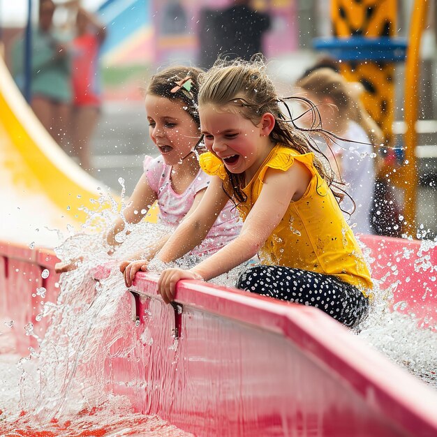 Meninas adoráveis a divertir-se num parque temático aquático.