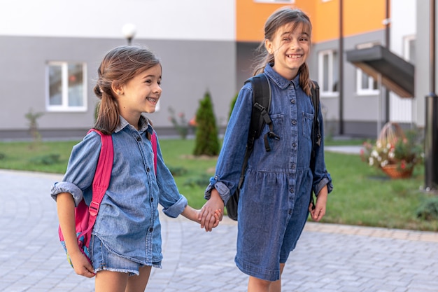 Meninas, alunos do ensino fundamental, vão para a escola com mochilas, de mãos dadas.