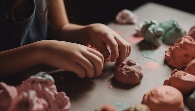 Meninas amassando massa fazendo biscoitos de chocolate caseiros gerados por IA