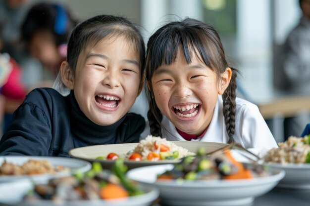 Meninas asiáticas alegres de escola primária compartilhando risos ao almoço