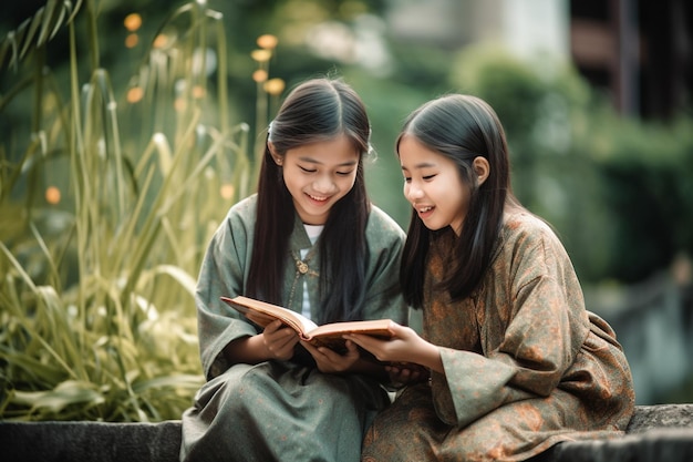 Meninas asiáticas aprendendo um novo idioma e praticando habilidades de conversação educação de meninas asiáticas