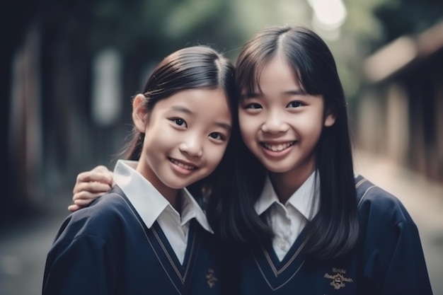 Meninas Asiáticas Educando amigas sorridentes