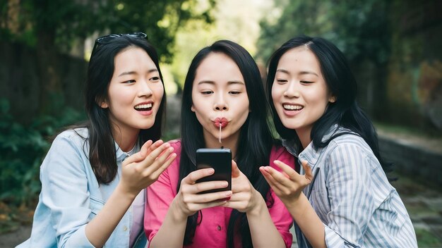 Meninas asiáticas felizes fazendo história de vídeo para aplicativo de rede social ao ar livre mulheres jovens amigas tendo fu