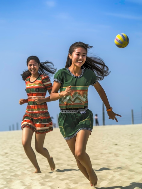 Meninas asiáticas se divertindo em uma praia tropical gerada por IA