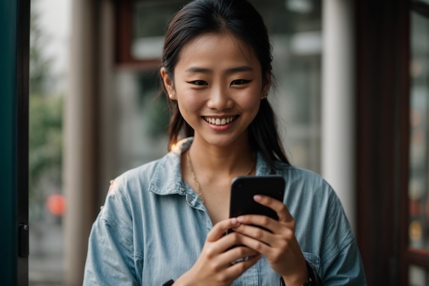 meninas asiáticas sorriem com phome na mão