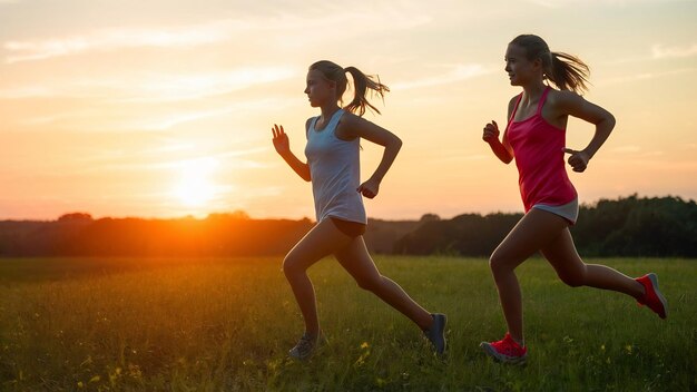 Meninas ativas a correr ao pôr-do-sol