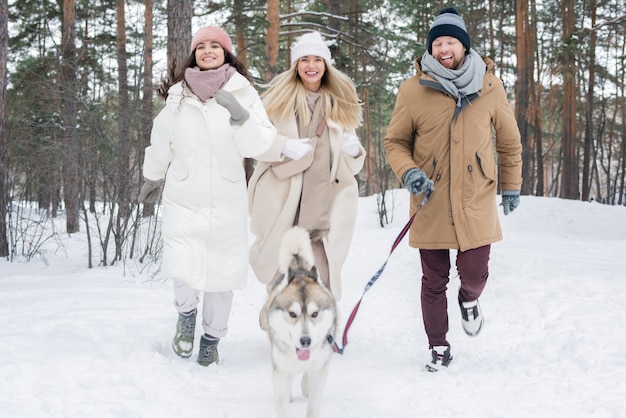 Meninas bonitas alegres e um jovem correndo na neve atrás do cão husky siberiano na coleira enquanto se diverte no parque
