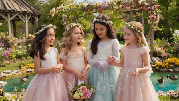 Meninas bonitas com flores vestidas com vestidos de noiva
