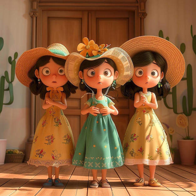 Meninas bonitas e engraçadas de desenhos animados em 3D com chapéus e vestidos bonitos.