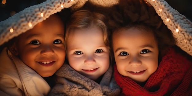 Meninas bonitinhas com suéteres e cachecóis de malha quentes em casa