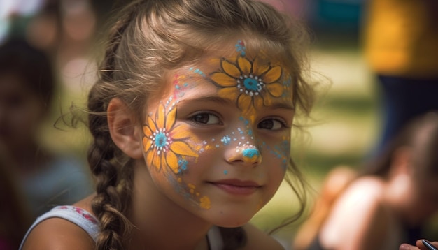 Meninas caucasianas bonitas sorrindo desfrutando de uma festa de verão com pintura facial