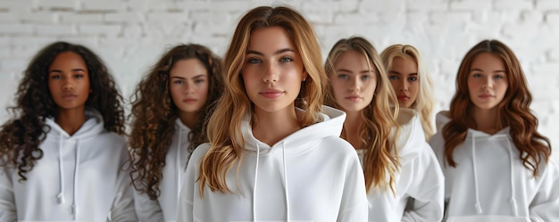Meninas com capuzes brancos exibindo versatilidade em um conceito de maquete Fotografia de moda Olha casual Capuzes brancas Vestidos versáteis Estilo moderno