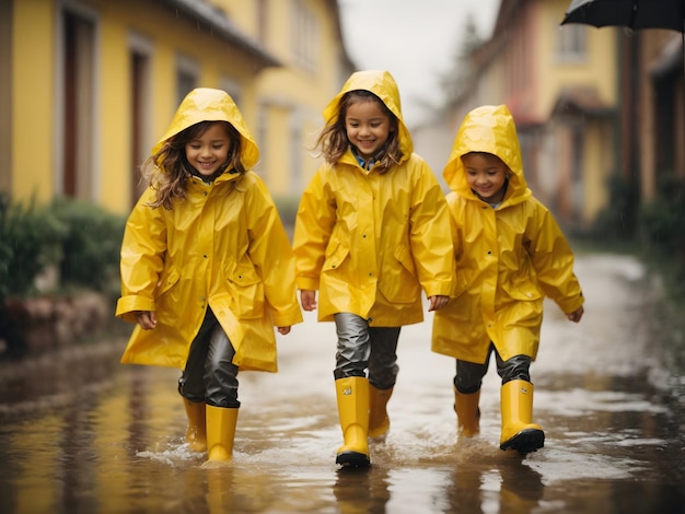 meninas com casacos amarelos e botas de chuva a caminhar na chuva