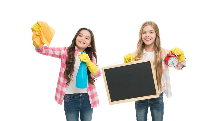 Foto meninas com luvas de proteção de borracha prontas para limpeza educação informal meninas crianças limpando de acordo com o dever espaço para cópia do quadro-negro lista de verificação de limpeza crianças limpando juntas tarefas domésticas