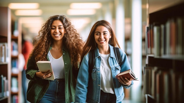 Meninas com um livro e uma sacola de livros.