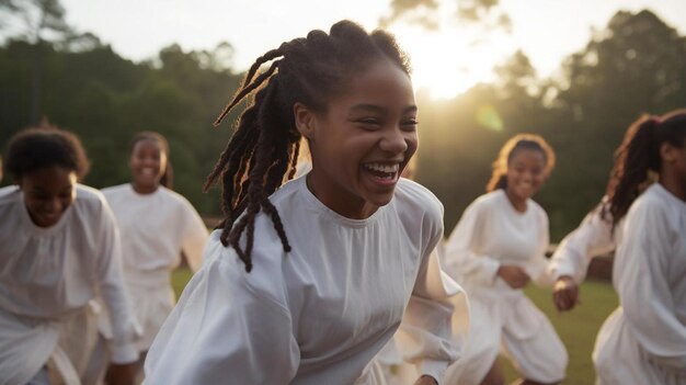 Foto meninas correndo no parque vestindo vestidos brancos e o sol está brilhando