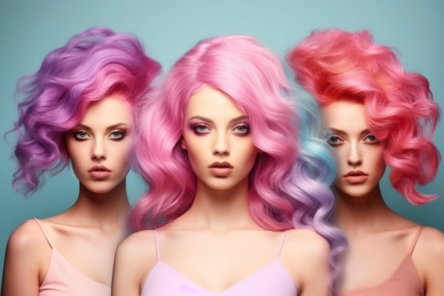 Meninas de colagem de moda de beleza com cabelos tingidos coloridos gerados por IA