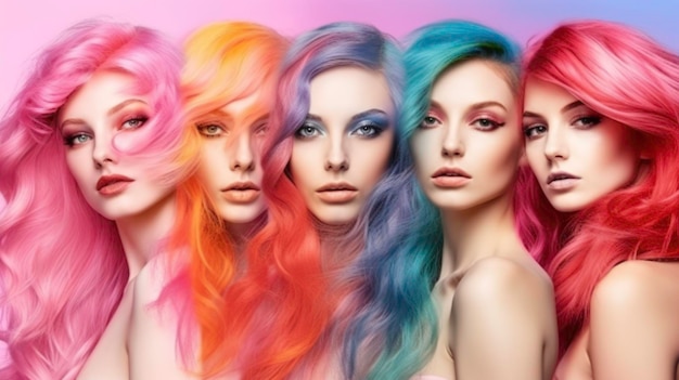Meninas de colagem de moda de beleza com cabelos tingidos coloridos gerados por IA