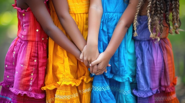 Meninas de vestidos coloridos estão de mãos dadas.