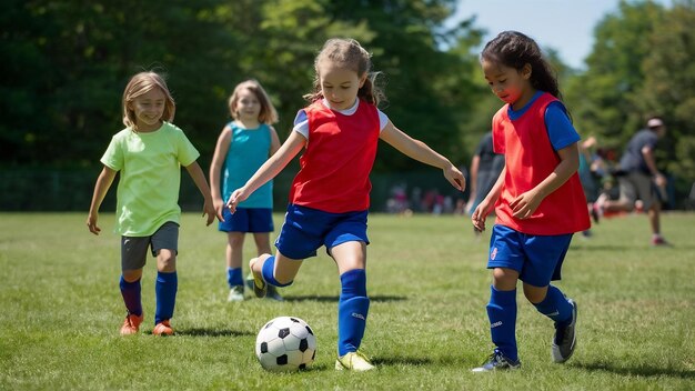 Meninas e meninos a jogar futebol.