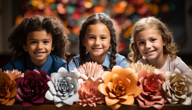 Meninas e meninos sorridente, bonitos e alegres dentro de casa olhando para a câmera gerada pela ia