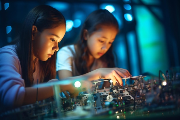 Meninas engajadas em um projeto prático de engenharia construindo estruturas e resolvendo