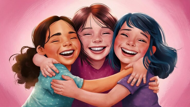 Foto meninas entusiasmadas abraçando-se com um sorriso sincero