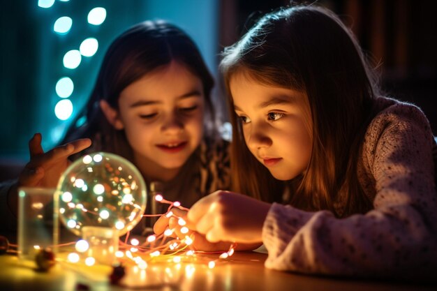 Meninas envolvidas em um experimento de física explorando princípios científicos por meio de handson