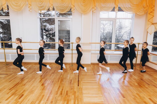 Meninas fazendo exercícios de ginástica ou se exercitando na aula de fitness