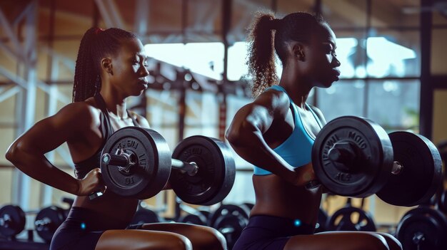 Meninas fazendo treinamento de força com halteres em um ginásio bem equipado