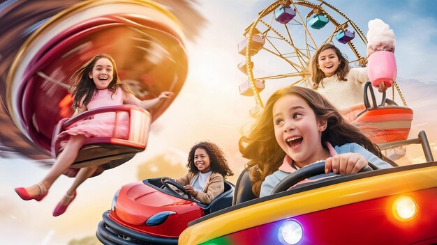 Foto meninas felizes a divertir-se no parque de diversões.