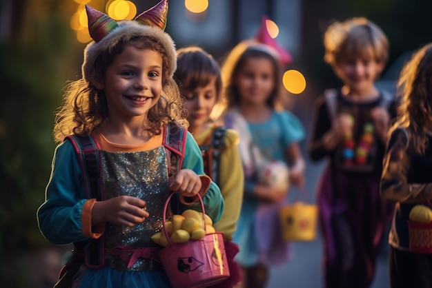 Meninas felizes com abóbora coletando doces tema de Halloween gerado com IA
