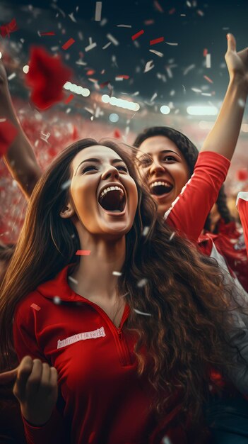 Meninas felizes comemoram os fãs de futebol da mulher vencedora do jogo de pé