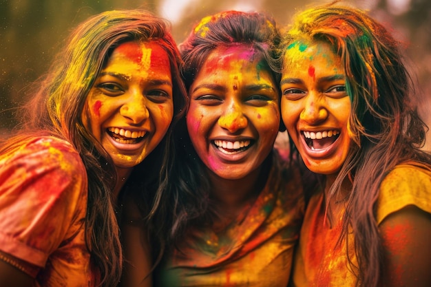 Meninas indianas felizes celebram o colorido festival de Holi na Índia Generative Ai