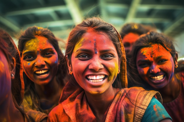 Meninas indianas felizes celebram o colorido festival de Holi na Índia Generative Ai