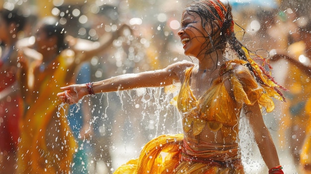 Meninas jovens em vestidos tradicionais coloridos dançando e salpicando água em um espaço ao ar livre iluminado pelo sol