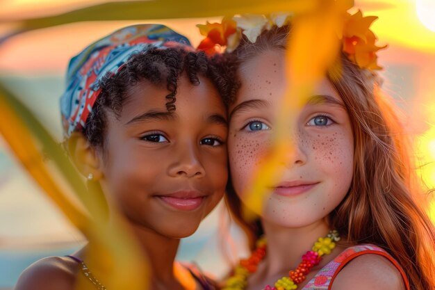 Foto meninas multiétnicas sorrindo juntas ao pôr-do-sol com fundo tropical