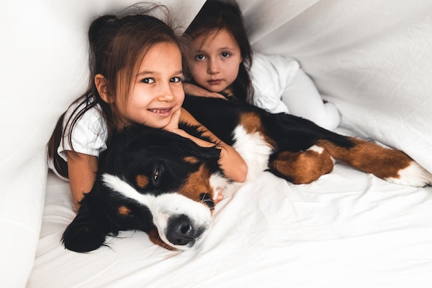 Meninas na cama com cachorro bernese mountain dog