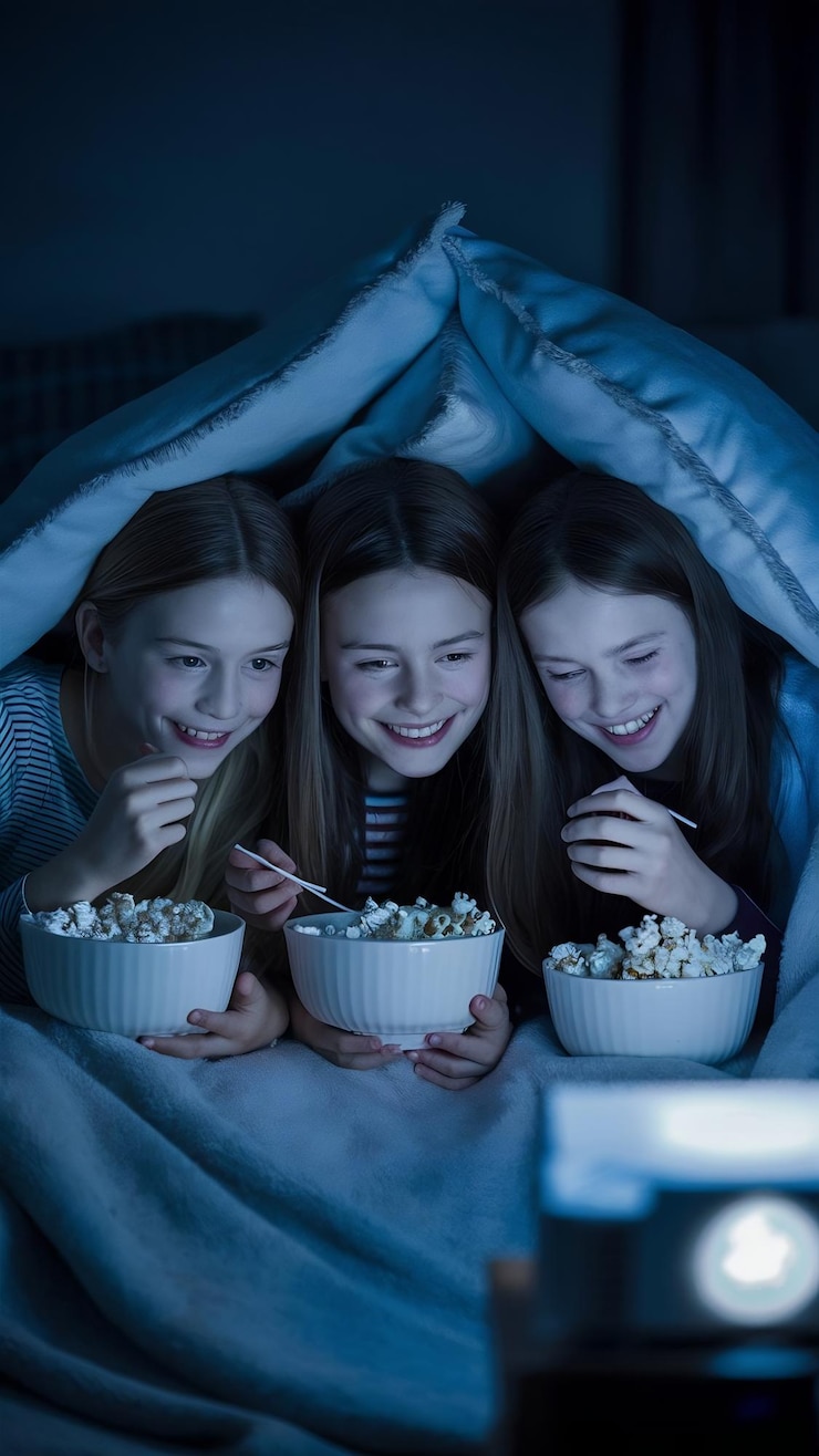 Foto meninas no quarto escuro assistindo filme